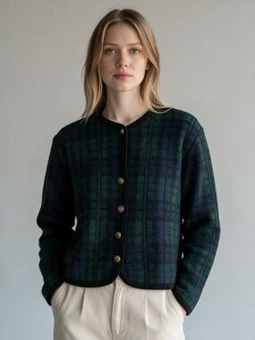Vintage Tally- Ho, 100% Wool Tartan Plaid Cardigan Large